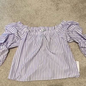 Last to Leave Purple striped off the shoulder top